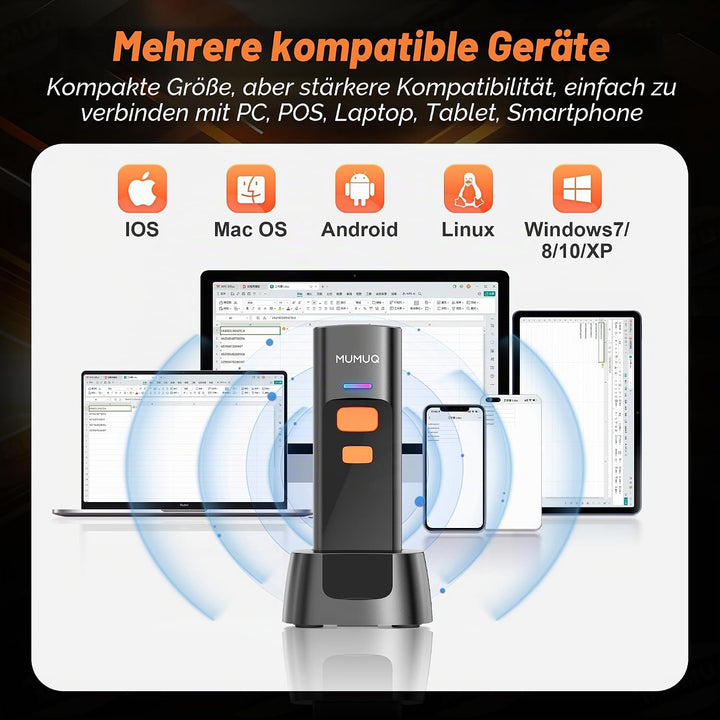 Barcode Scanner Kabelloser Mini 1D/2D QR Code Scanner mit Ladestation | 3-in-1 (BT/2.4G/USB) Konnekt