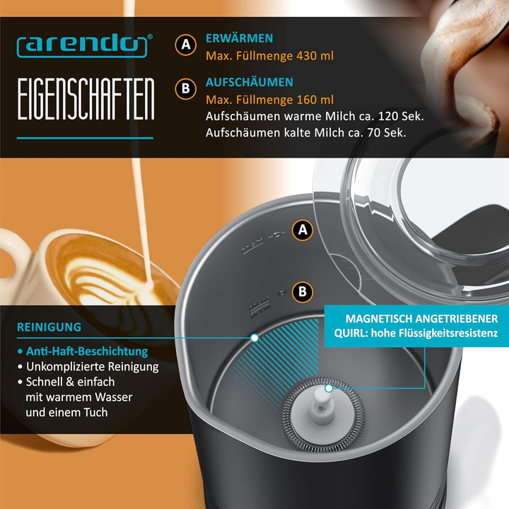 Arendo - 4in1 Milchaufschäumer elektrisch – Doppelwandgehäuse – 4 Programme – heiss und kalt aufschä