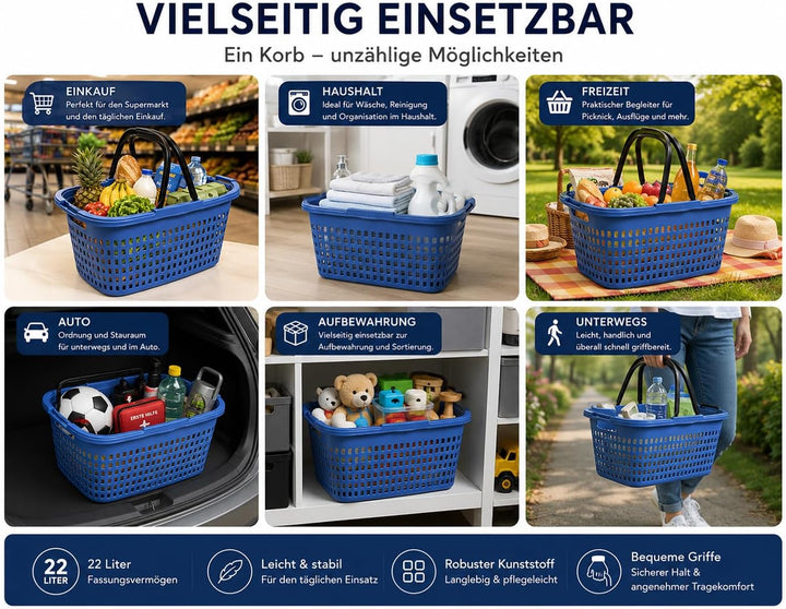 HRB 3er Set Einkaufskorb mit 2 Henkeln klappbar blau, Kunststoff, Belüftungslöcher Blau 3, Blau 3