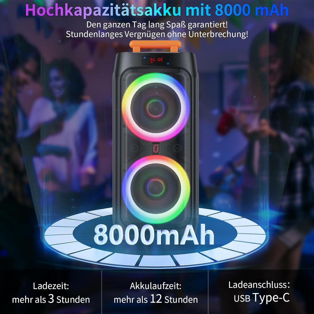 Karaoke Maschine mit 2 Mikrofones, grosser Tragbaren Bluetooth Lautsprecher mit RGB-Licht, Karaoke A
