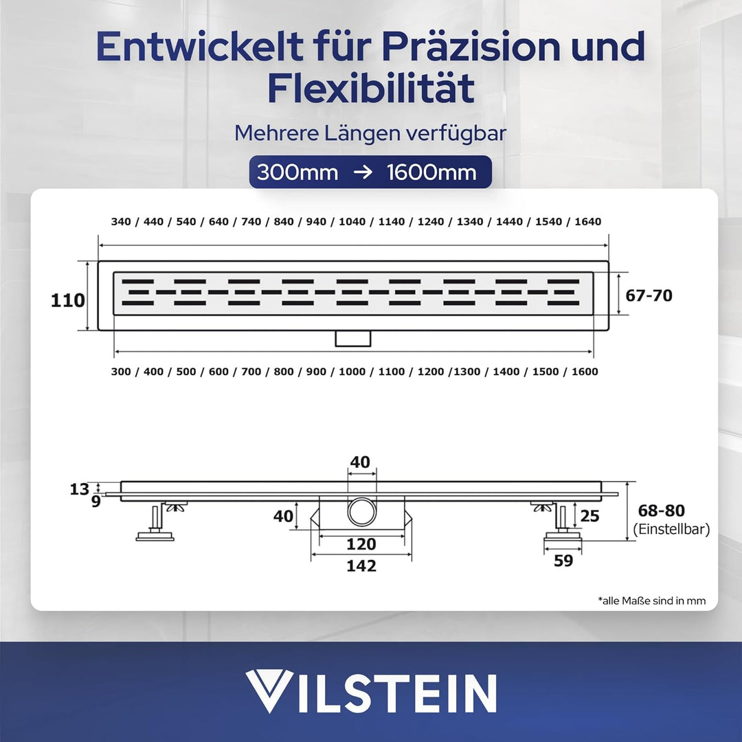 VILSTEIN Duschrinne 30cm | Befliesbar | Edelstahl Bodenablauf Komplettset | Extra flach | Siphon mit