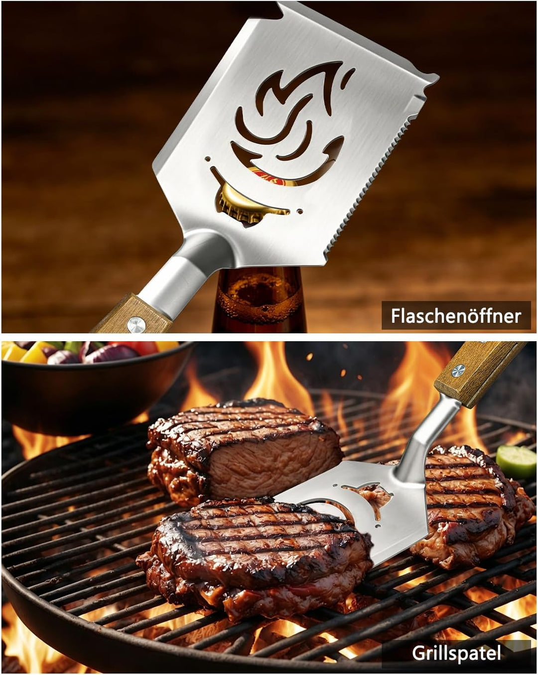 7-in-1 Grillspachtel mit Holzgriff, Multifunktion Grillwerkzeug für BBQ &amp; Camping, Funktionen des Gr