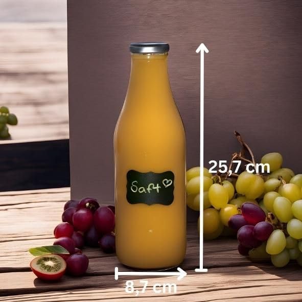 gouveo 20er Set Glasflasche 1000 ml (1,00 l) Saftflasche 1000 ml rund mit Schraubdeckel TO 48 schwar