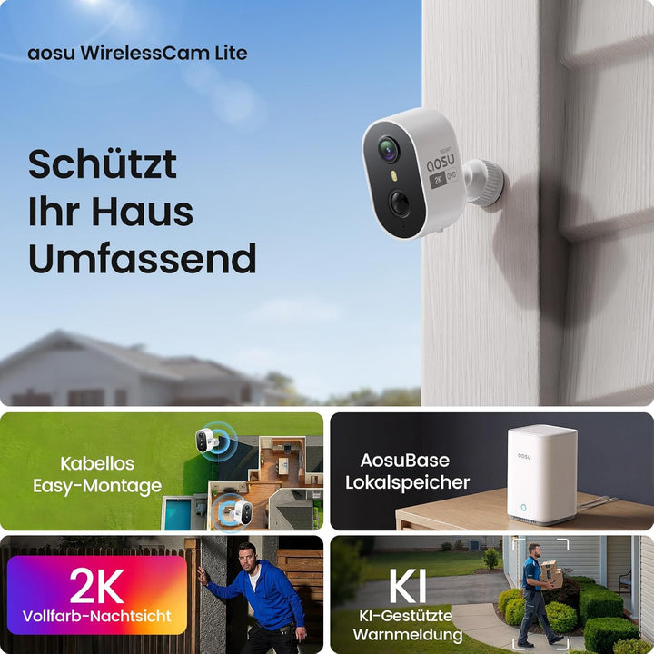 aosu 2K Überwachungskamera Aussen Akku 2er-Kit mit Aosubase 2.0 ohne ABO 32GB Lokal Speicher Kabello