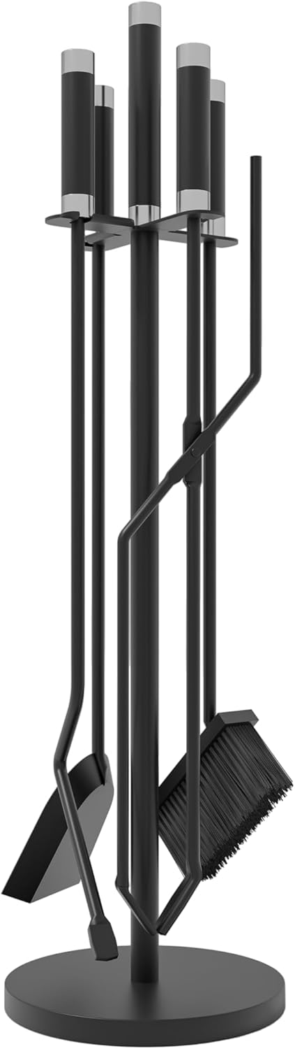Kingson Kaminbesteck 5-teilig - schwarz pulverbeschichtetes Eisen mit Edelstahlgriffen - inklusive B
