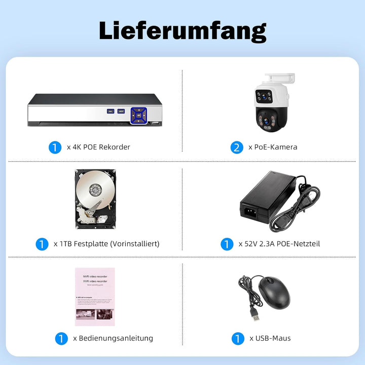4K Überwachungskamera Aussen Set, 4CH POE mit 1TB HDD, Netzwerk Videorecorder für CCTV Kamerasystem