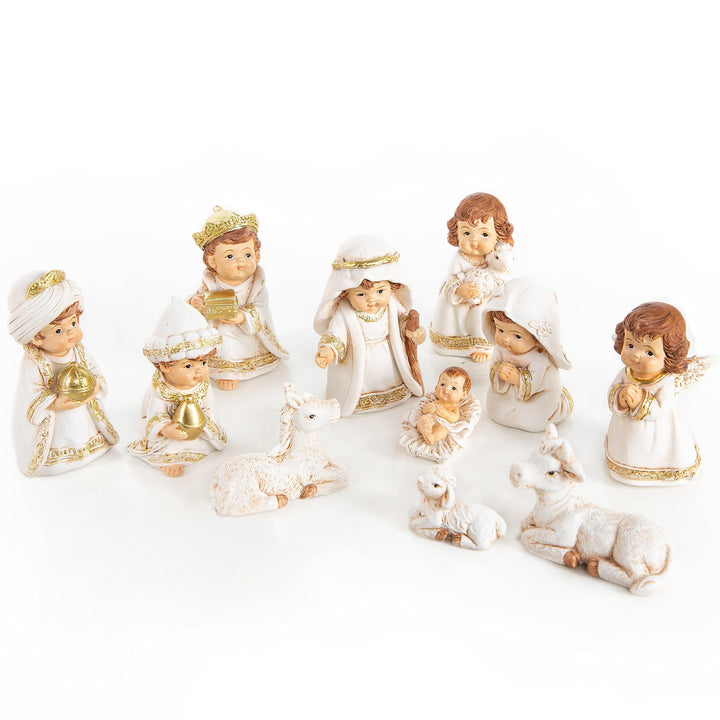 Logbuch-Verlag 11 Krippenfiguren für Deko Krippe kindlich Gold weiss edle Weihnachtskrippe Figuren S