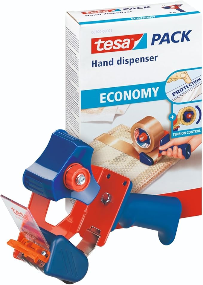 tesa Packband Handabroller ECONOMY - robuster Abroller für Paketbänder - Profi-Qualität - Für Klebeb