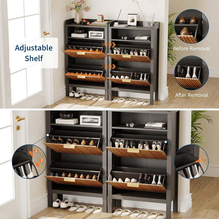 Garvee Schuhschrank mit 2 Klappschubladen, Schmaler, Geriffelter Schuhschrank mit Füssen, Freistehen