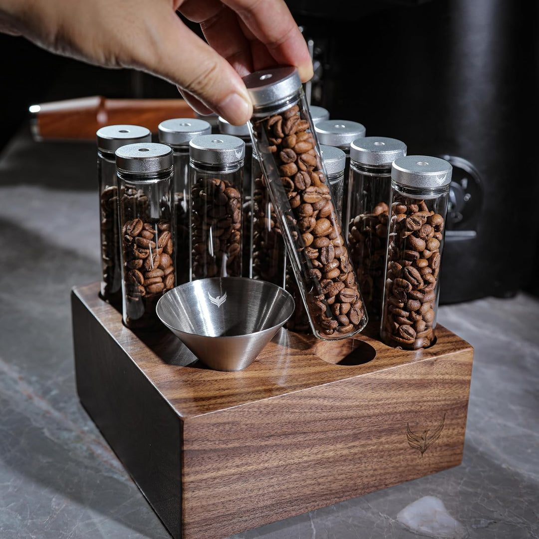 Kaffee Röhrchen Set – 12 Glasröhrchen mit Einweg-Entlüftungsventil, Walnussständer & Edelstahl-Trich