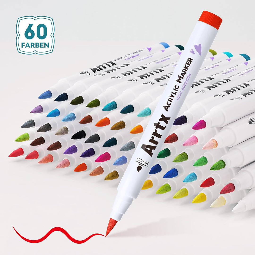 Arrtx 60 Farben Acrylstifte, Acrylmarker für Steine Wasserfest, Graffiti Acrylmalstifte Pinsel Spitz