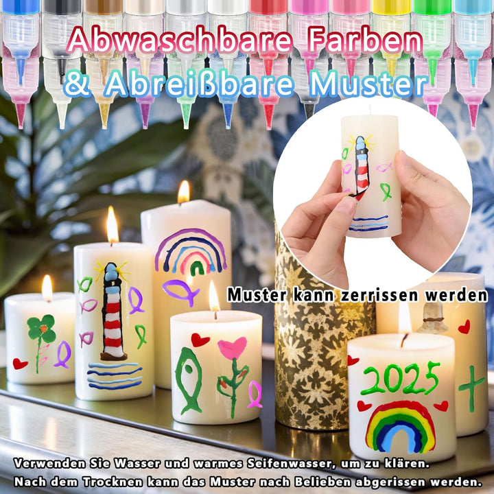 ALLAVA 12 Stück Kerzenstifte, Kerzen Bemalen Set 10ml Wachsstifte für Kerzen, Taufkerze Selber Mache
