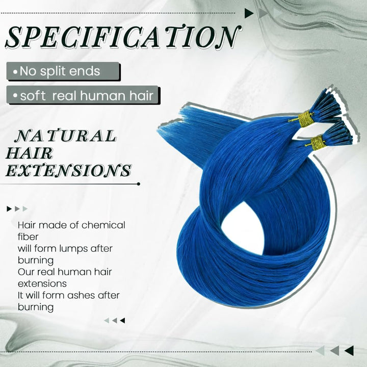 RUNATURE I Tip Extensions Echthaar Blau 40cm 25 Strähne I Tip Bunt Extensions Echthaar Unsichtbar Ha