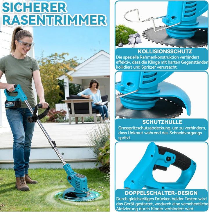 Rasentrimmer mit Akku 21V, Rasentrimmer Elektrisch mit 2X 3.0Ah Akkus und 4 Messertypen, Geräuschpeg