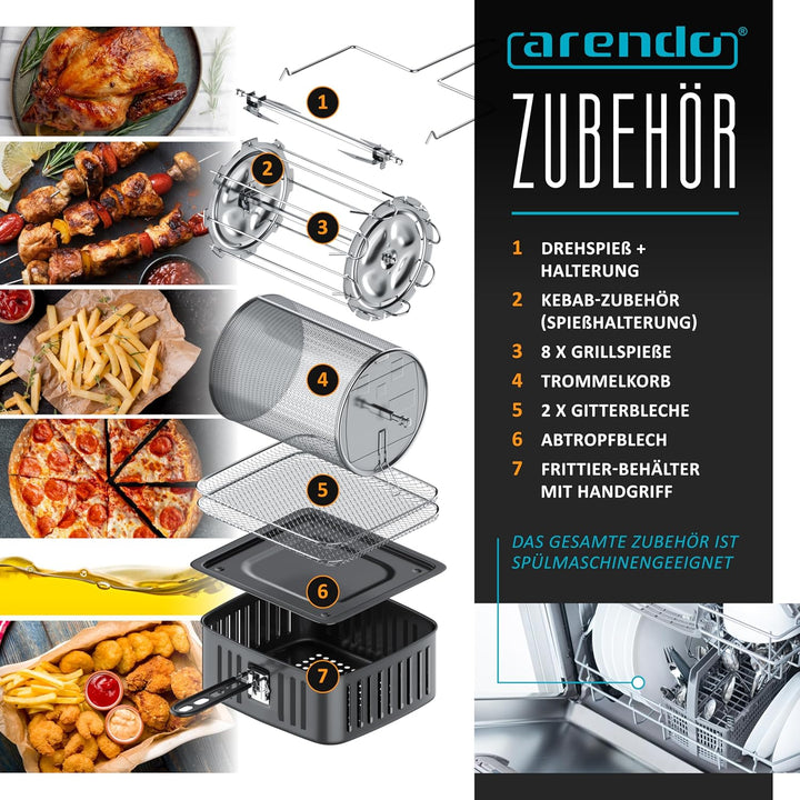Arendo - Wlan Heissluftfritteuse XXL 16 Liter - Smart WiFi mit App - extra Gross 16 Liter - Backofen