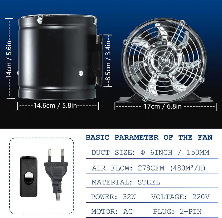 Kanallüfter Abluftventilator 150mm, Schwarz | 480m³/h, Inline-Rohrventilator aus Metall, Mit Schalte