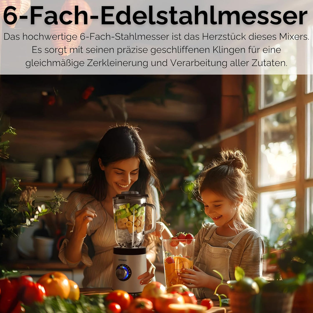 Standmixer | 800 Watt | 6-Fach Metallmesser | 1,5 Liter | 5 Stufen | Glas Edelstahl | Pulsfunktion |