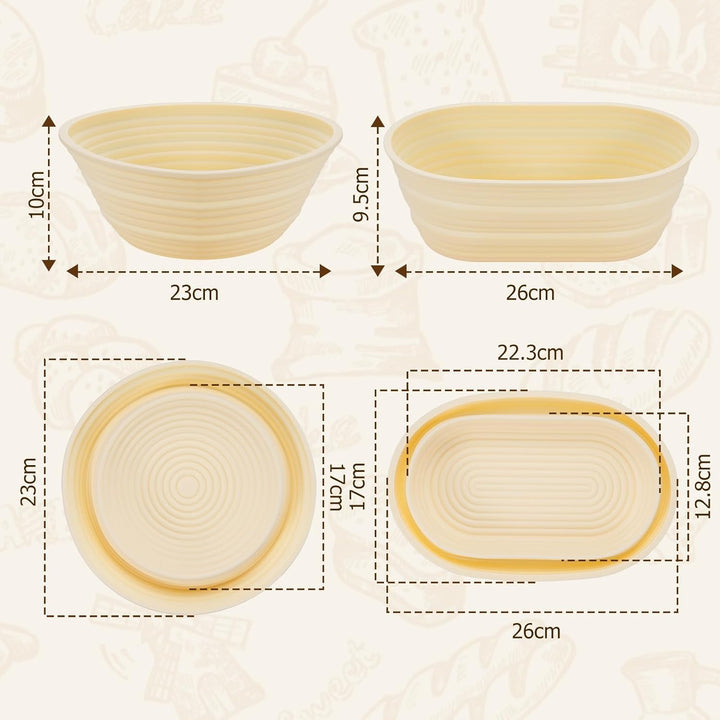 Brotgärkorb Set 10 teilig Silikon – rund 23cm & oval 25cm Gärkorb für Sauerteig, Brotbackset mit Tei