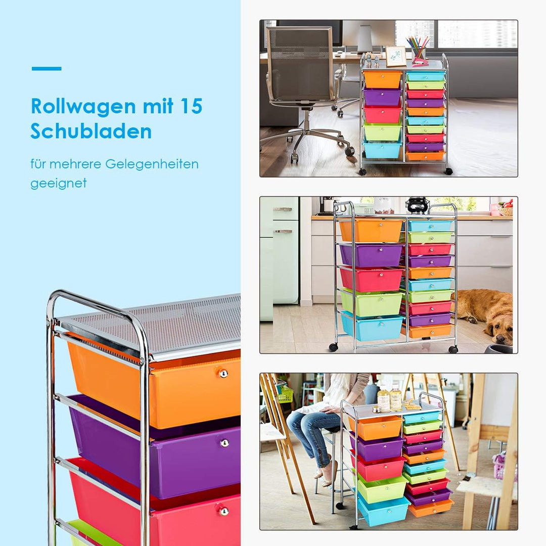 COSTWAY Rollwagen mit 15 stapelbaren Schubladen, Schubladenwagen Rollcontainer mit Metallgestell und