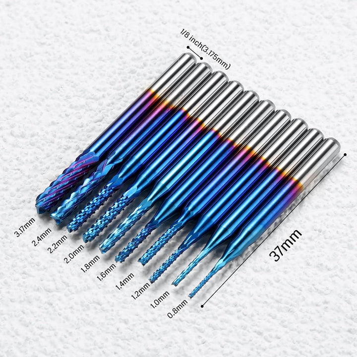 SainSmart Genmitsu 10Pcs Nano Blue Coat Schaftfräser-Satz CNC Fräser für Holz PVC Aluminium, 0,8-3 m