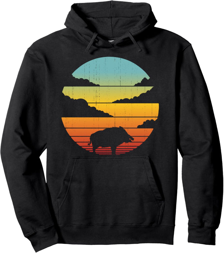 Wildschwein Retro Vintage 60er 70er Jahre Sonnenuntergang Schweinchen Wildschwein Säugetier Pullover