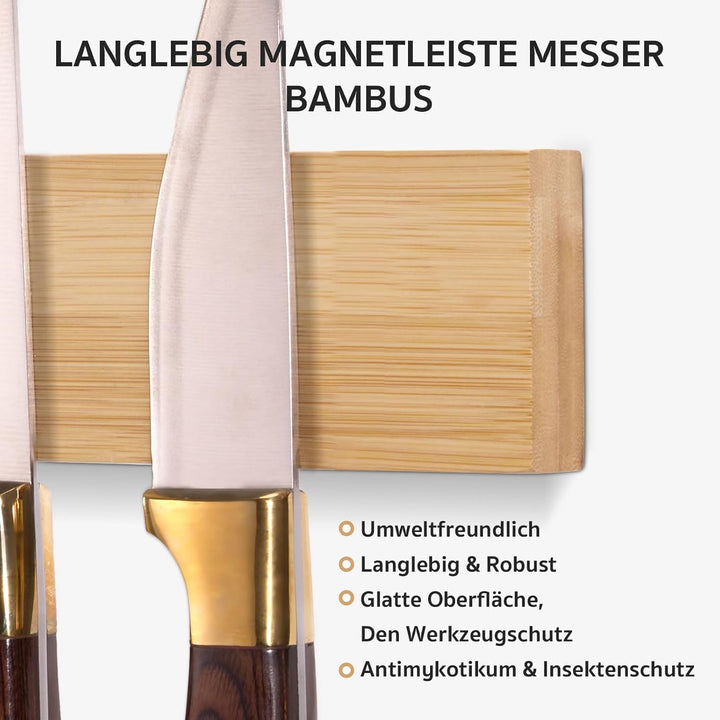 Magnetisch Messerhalter mit Extra Starkem Magnet, Magnetleiste Messer aus Bambus 40 x 6 x 2 cm, Mess