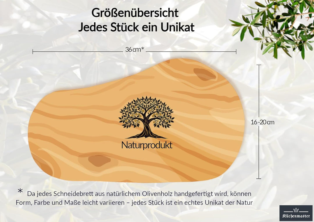 Olivenholz Schneidebrett 36 cm im Naturschnitt, Servierbrett Steakbrett Antipastibrett Vesperbrett B