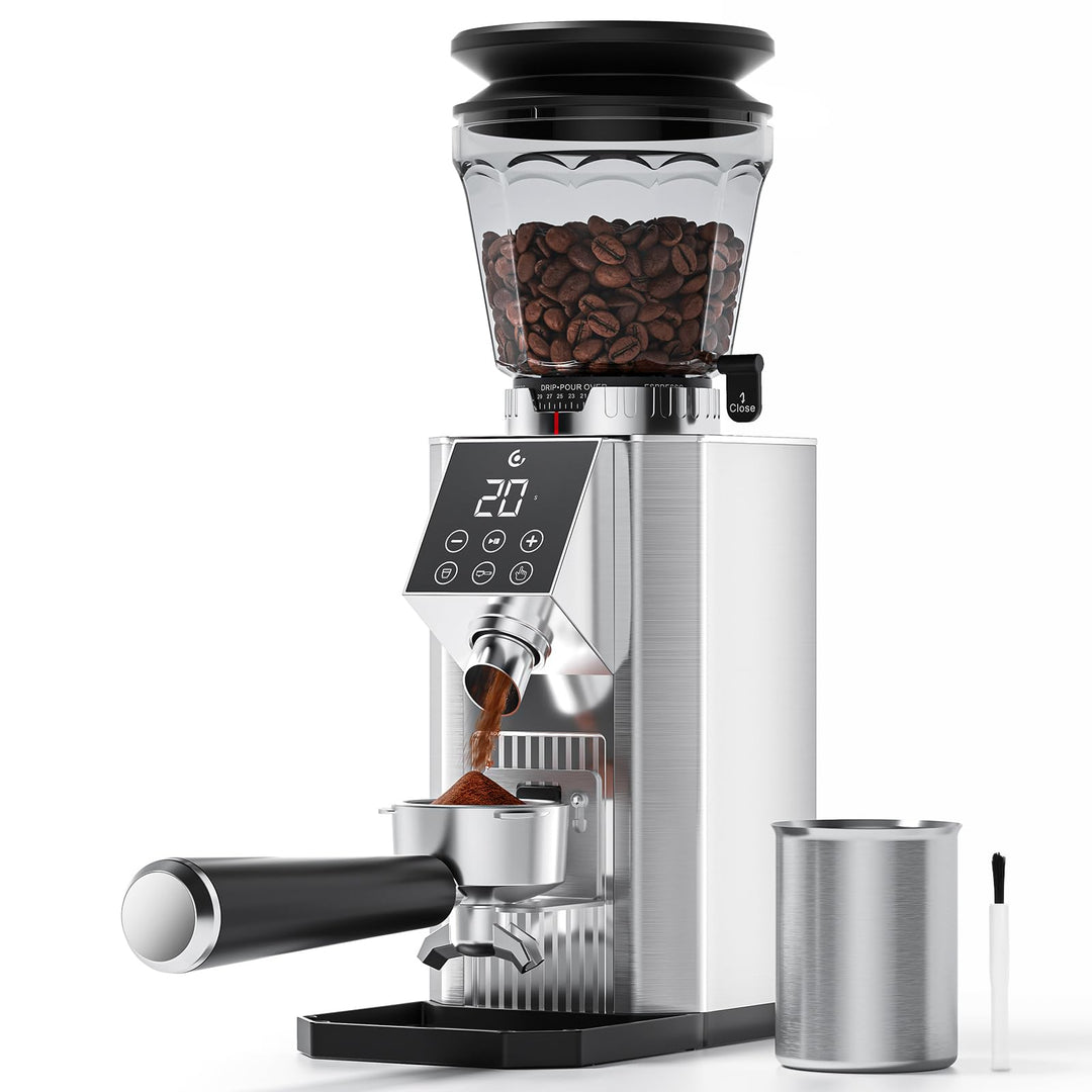AMZCHEF Kaffeemühle mit 45 Mahlgraden, Edelstahl, Plasma Anti-Statik System, Speicherfunktion, LED-T