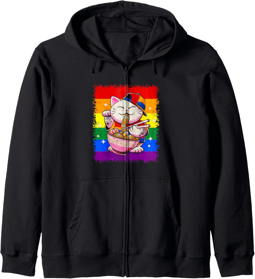 Gay Pride Regenbogen-Flagge, japanische Ramen-Katze, Sublte LGBTQ Kapuzenjacke