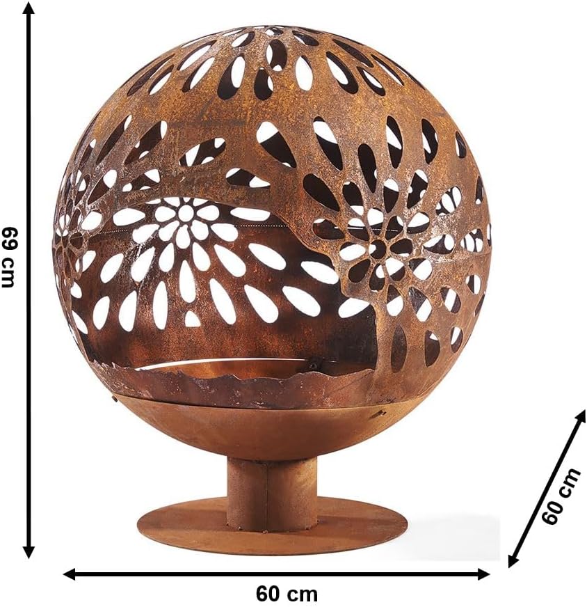 Kobolo Feuerschale Feuerkorb Bloom Kugelform 60x60x69cm Durchmesser 60cm mit Motiv - Metall Rostopti