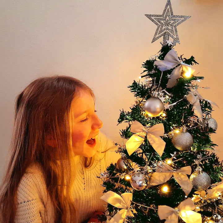 Weihnachtsbaum künstlich (WBD) 75 cm grün mit Weihnachtsdeko Silber und Led Lichterkette mit Batteri