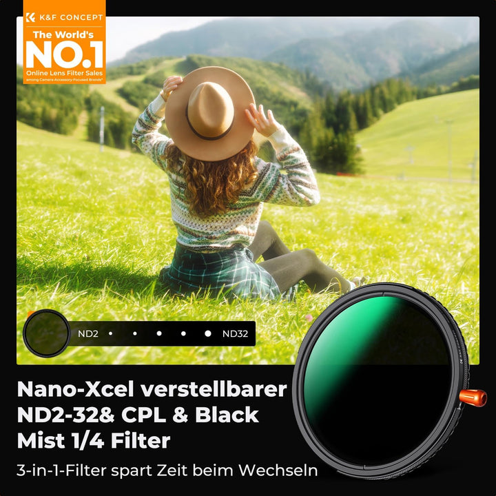 K&F CONCEPT 77mm Variabler ND2-32 (1-5 Blendenstufen)&Polfilter(CPL Filter)& Black Mist 1/4 Filter,