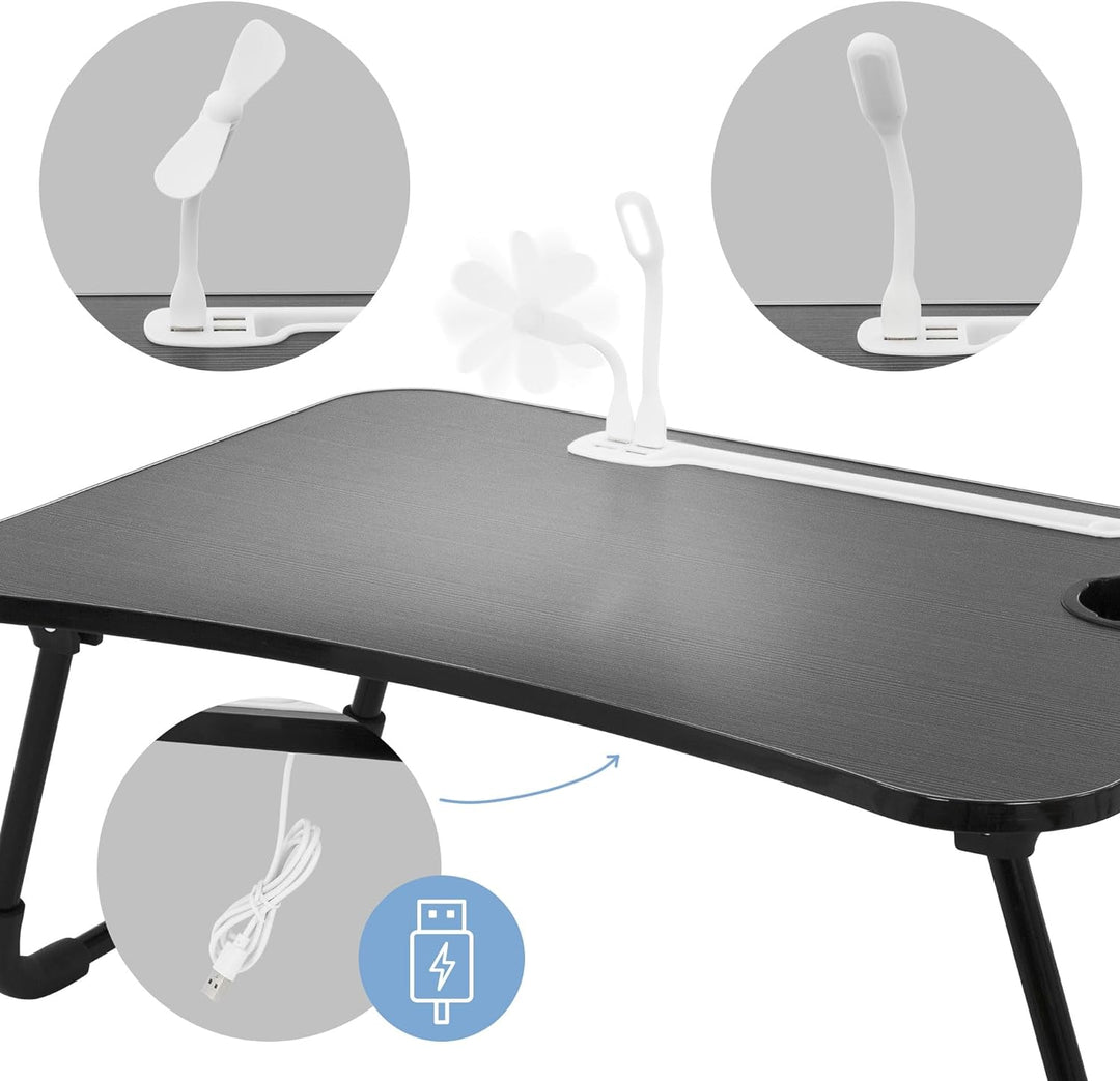 ML-Design Laptoptisch fürs Bett/Sofa, Schwarz 60x40 cm, Betttisch klappbar, Notebook Tisch mit 4 USB