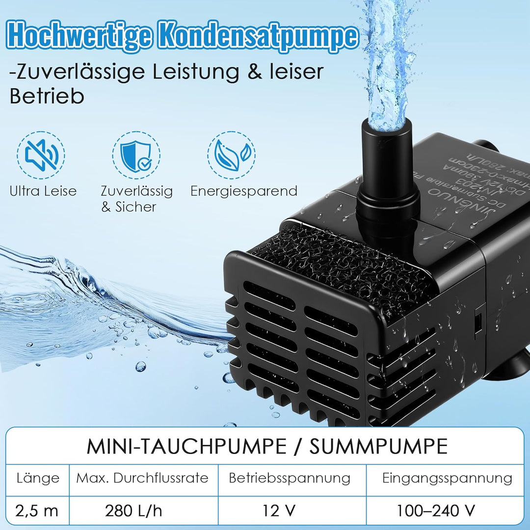 Automatische Mini-Tauchpumpe mit Wassersensor, 2,5m Schlauch & Rückschlagventil, 280L/h Kondensatpum
