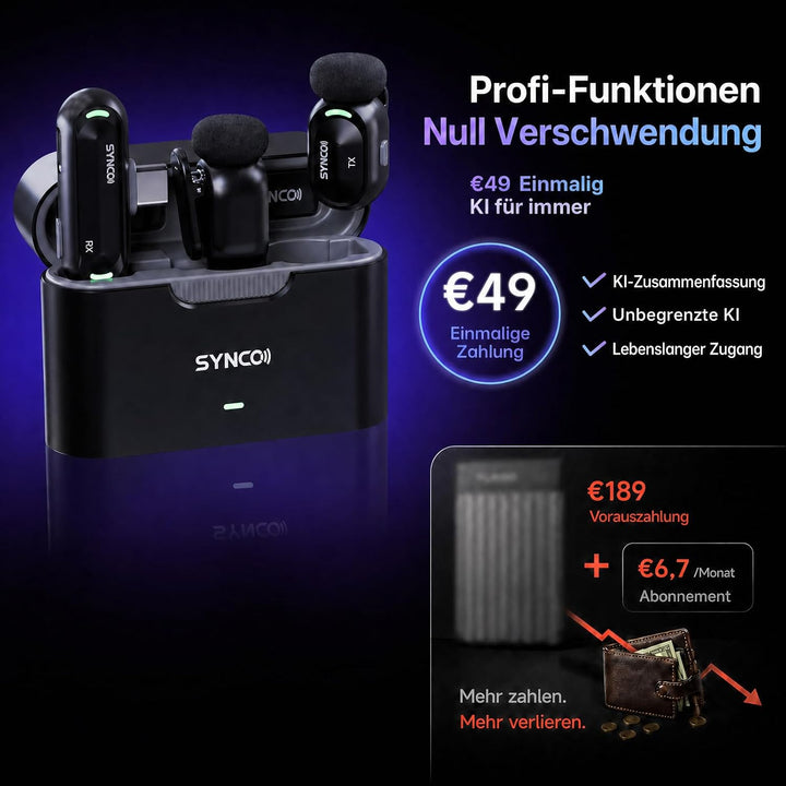 SYNCO SMICT KI Funkmikrofon für Android, Kabelloses Lavalier Mikrofon mit Echtzeit Übersetzung, AI A