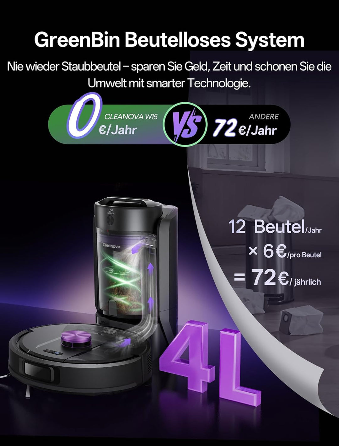 Vexilar Saugroboter mit Wischfunktion, beutelloser Multi-Zyklon Saugroboter mit Absaugstation, 10.00