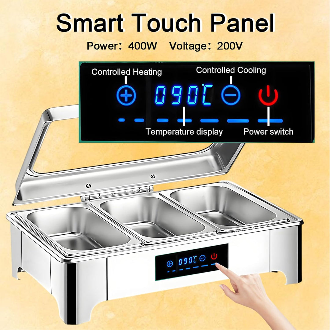 Chafing Dish Elektrisch, 9L Edelstahl Warmhaltebehälter Essen Buffet Elektrisch mit Sichtbarem Glasd