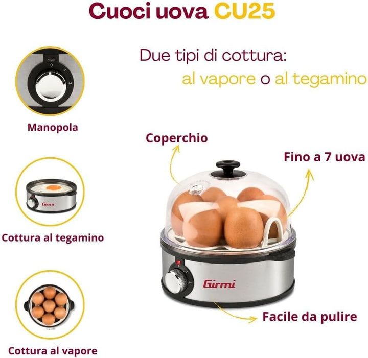 Girmi CU25 Dampfkocher für bis zu 7 Eier, 360 W, Gehäuse aus Edelstahl, Zubehör für Spiegeleier und