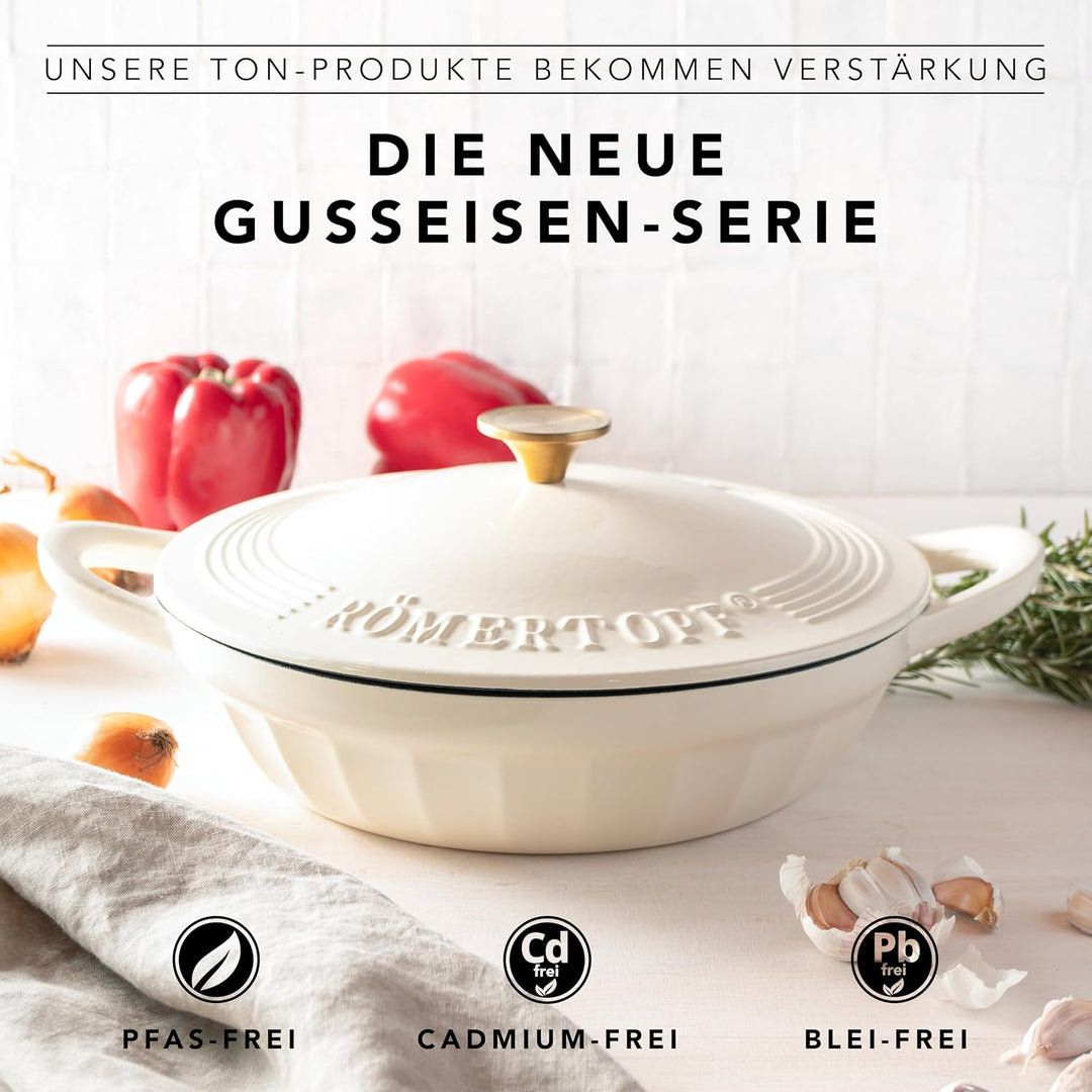 Römertopf Gusseisen Schmorpfanne mit Deckel 28 cm – Sautépfanne Emaille-Beschichtung, alle Herdarten