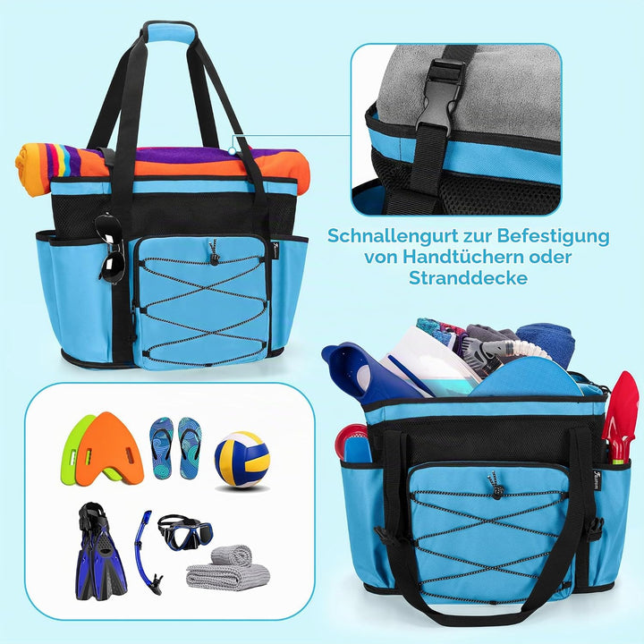 Fasrom Strandtasche XXL mit Reissverschluss unten, badetasche Gross | Mit Trennsystem mit 2 Schichte