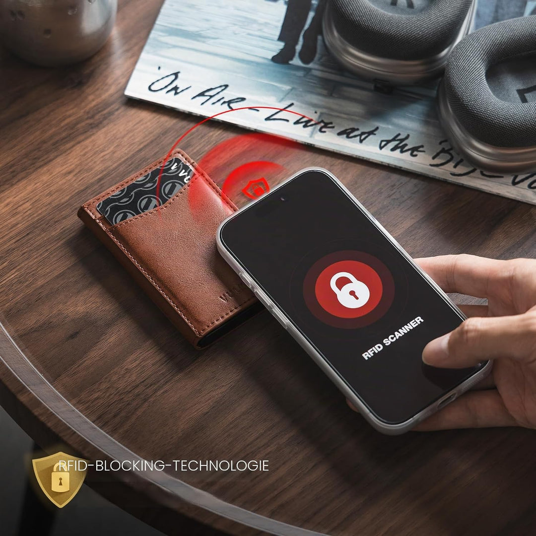 VULKIT Kreditkartenetui Leder Kartenetui RFID Blocking Automatische Pop Up Visitenkartenetui für Kar