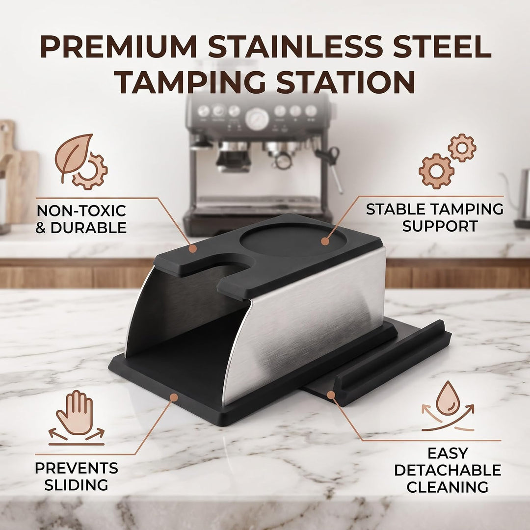 Tamperstation, Kaffee Tampfenmatte Halter Tamper Pulver Maker Stand aus Edelstahl und Silikon Tampin