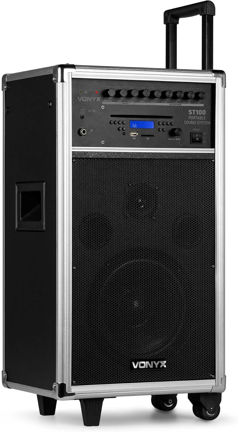 Vonyx ST100 Mobiler Akkulautsprecher mit 2 drahtlosen UHF-Mikrofonen, 1 kabelgebundenem Mikrofon, Bl