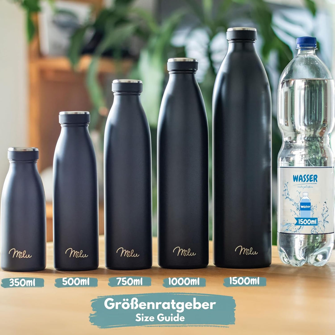 Milu Edelstahl Trinkflasche 350ml, 500ml, 750ml, 1000ml, 1.5L – Thermosflasche, Isolierte Wasserflas