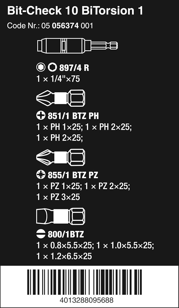 Wera Bit-Sortiment, Bit-Check 10 BiTorsion 1, 10-teilig, 05056374001, Bit-Check 10