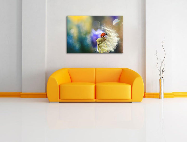 Marienkäfer auf Pusteblume Format: 100x70 auf Leinwand, XXL riesige Bilder fertig gerahmt mit Keilra