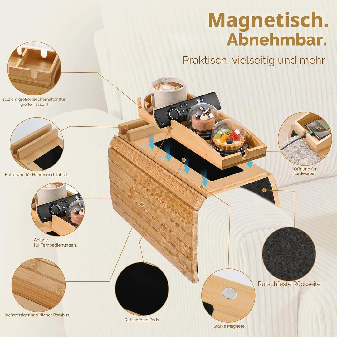 Sofatablett 2-in-1, Bambus Sofa Armlehnen Tablett mit Getränkehalter und Tablet Ständer, Faltbarer C