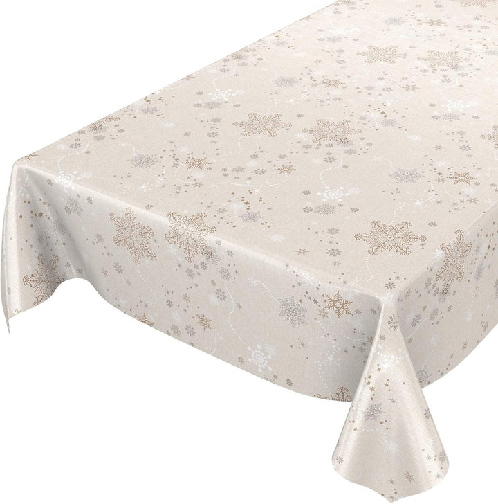 ANRO Wachstuchtischdecke Wachstuch Wachstischdecke Tischdecke Weihnachten Schneeflocken Beige Rund 1