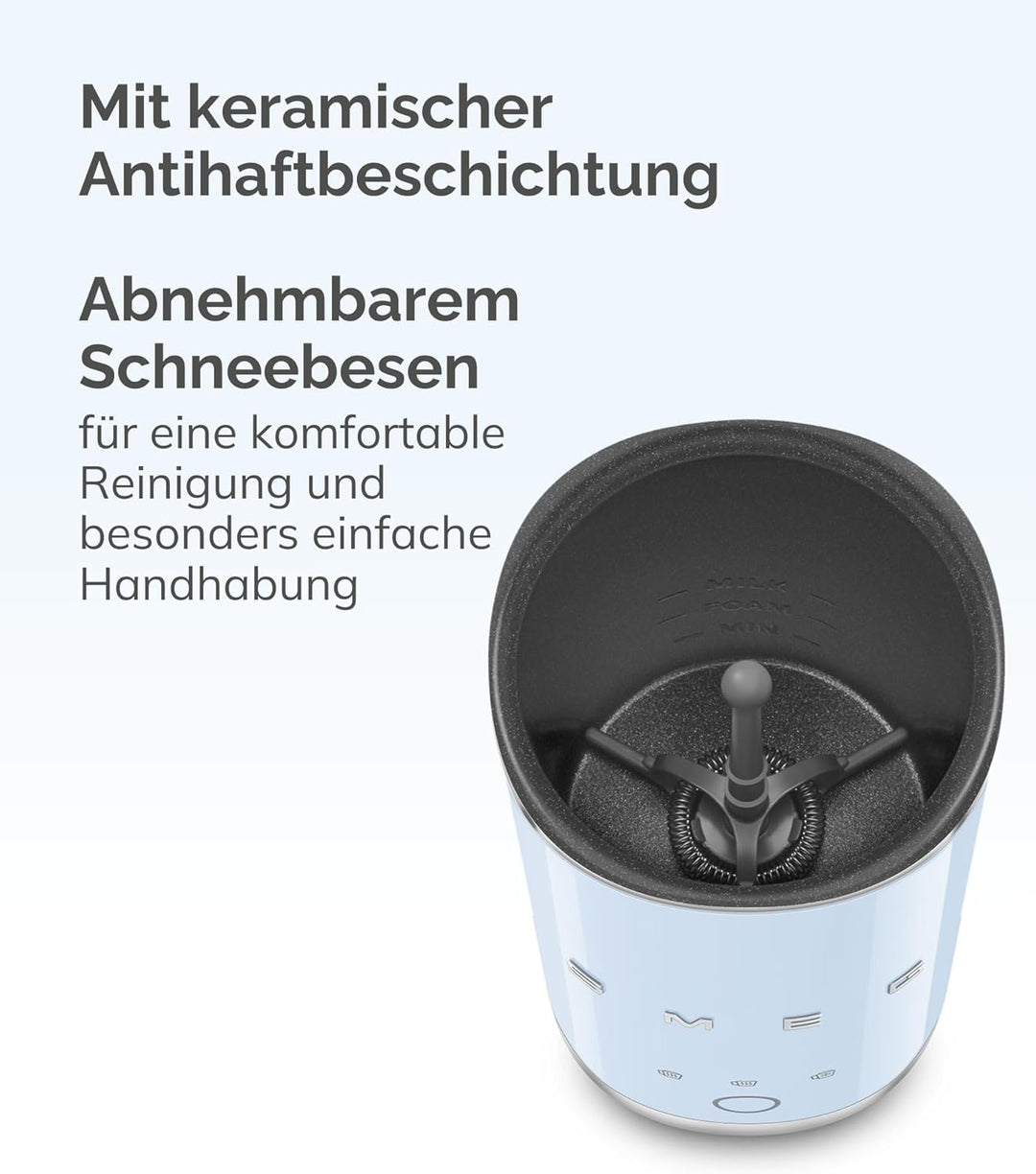 Smeg, MFF02RDEU Elektrischer Milchaufschäumer, 3 Getränkefunktionen, abnehmbarer Schneebesen, Antiha