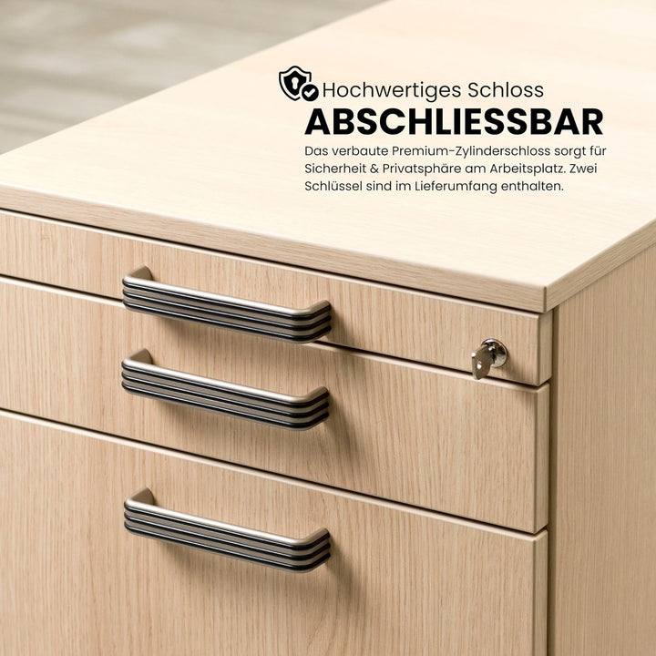 bümö Rollcontainer mit Schubladen, Container abschliessbar aus Holz in Eiche - Rollwagen für's Büro